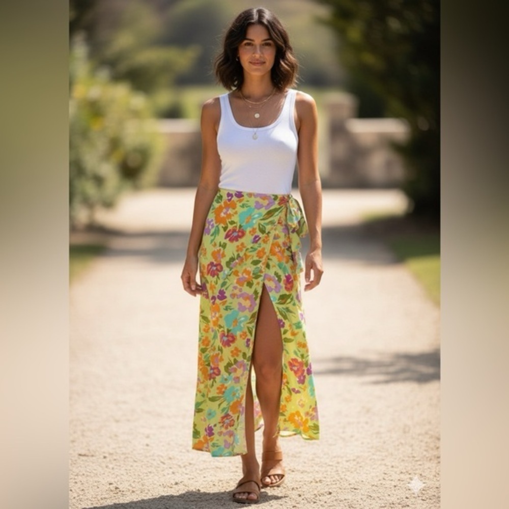 Le Lis Collection Floral Wrap Maxi Skirt Green Multicolor Vacation Small
